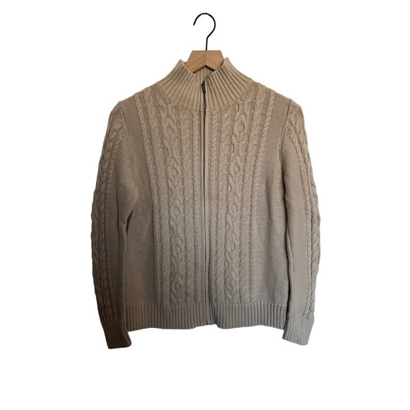L.L. Bean Womens Cable Knit Full-Zip Cardigan Sweater M Beige Cotton Blend - Picture 1 of 4
